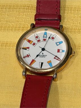 Vintage Peugeot Nautical Flag Dial Watch Gold Tone Red Leather Quartz Yachting